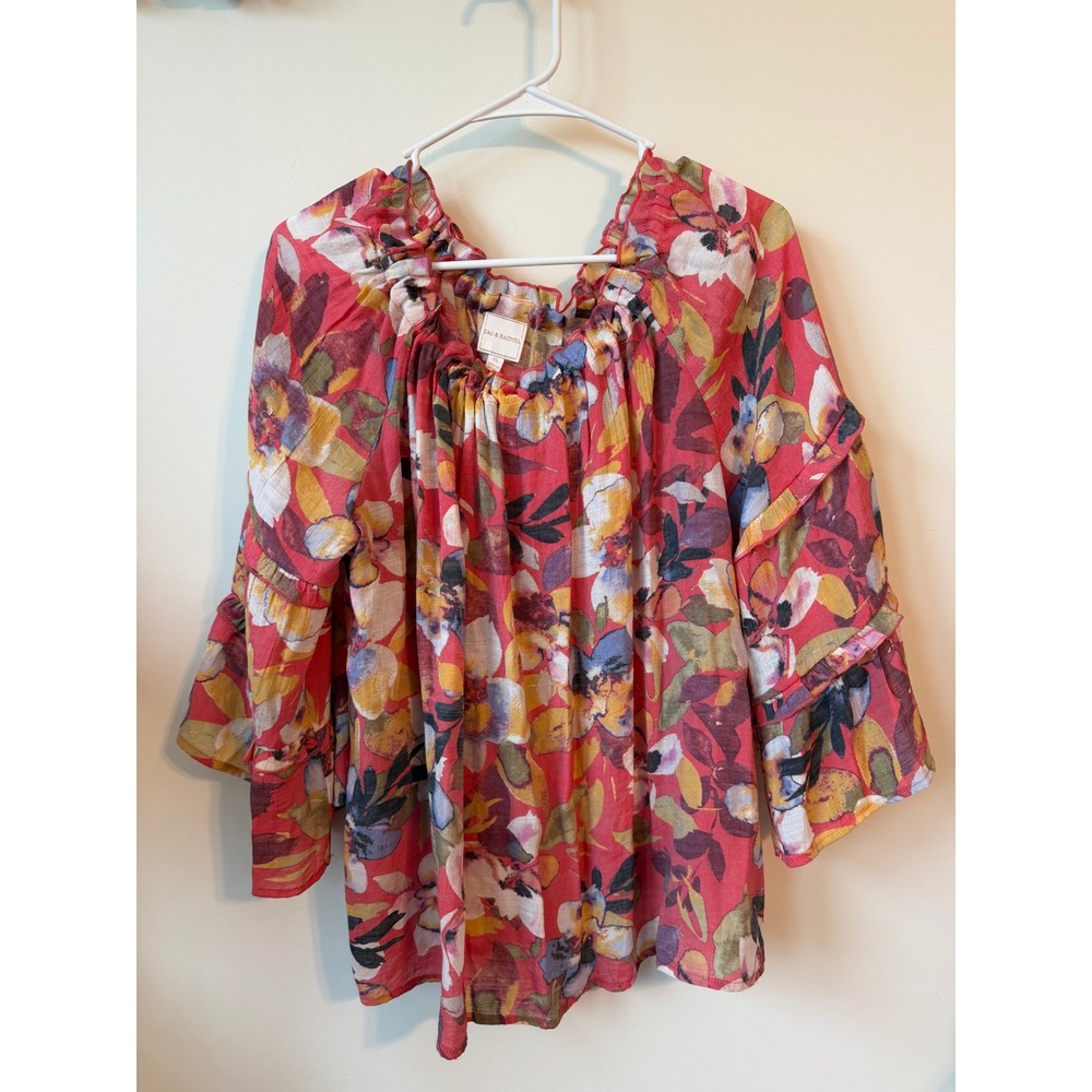 Zac & Rachel Floral Peasant Blouse XL Red Tiered Bell Sleeve Off Shoulder Top